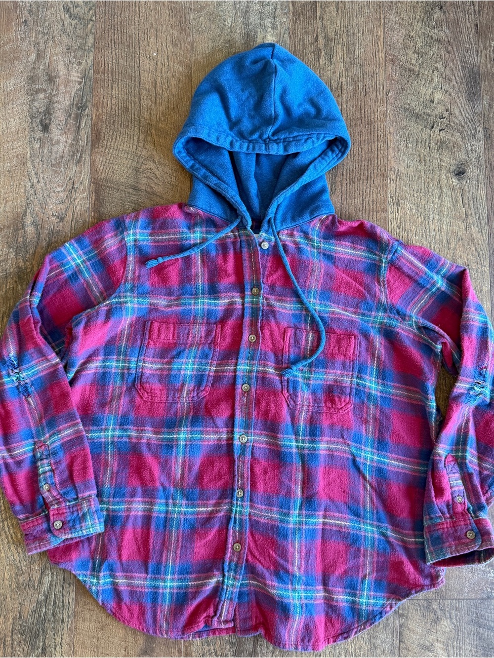 American Eagle Women’s Distressed Hooded Flannel Grunge Style Sweatshirt M